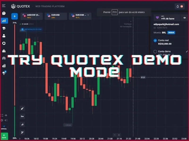 Quotex demo account offering 10000 virtual funds for risk-free trading practice